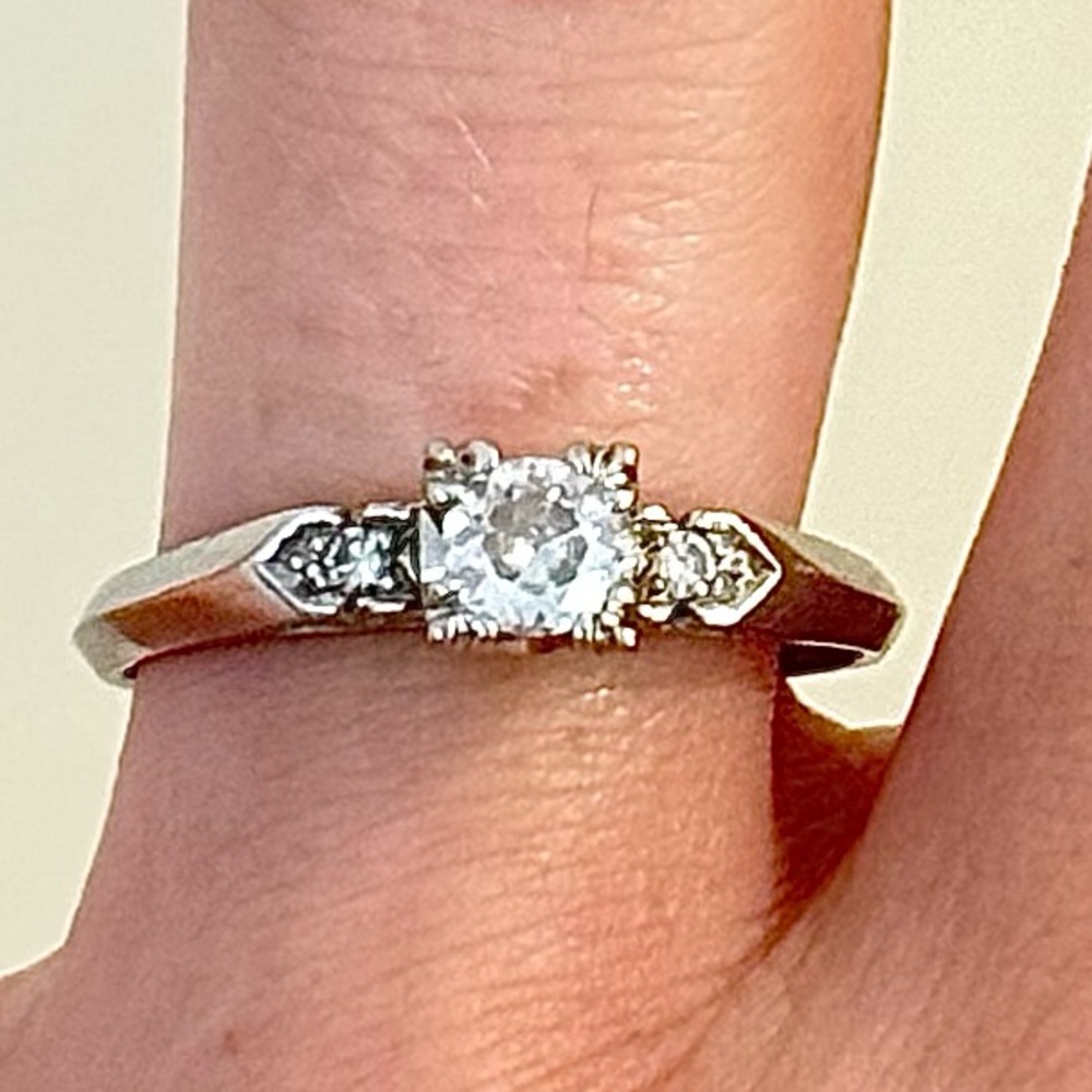 Vintage 14k White Gold Round Diamond Engagement Ring Antique Size 7.25-7.5